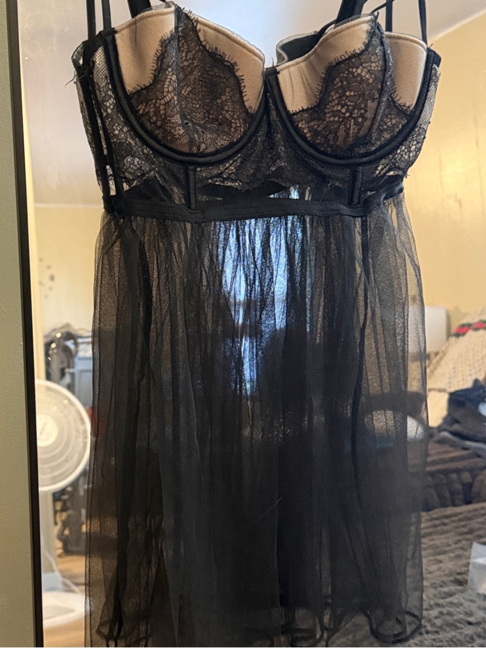 Victoria's Secret Black Lace & Nude-Lined Sheer Babydoll